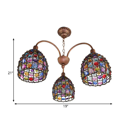 Traditional Dome Chandelier Lighting Fixture 3 Heads Metal Drop Pendant In Bronze For Bedroom