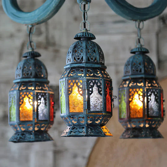 3 Lights Lantern Pendant Chandelier Mediterranean Blue Metal Hanging Lamp With Wooden Hook Rod