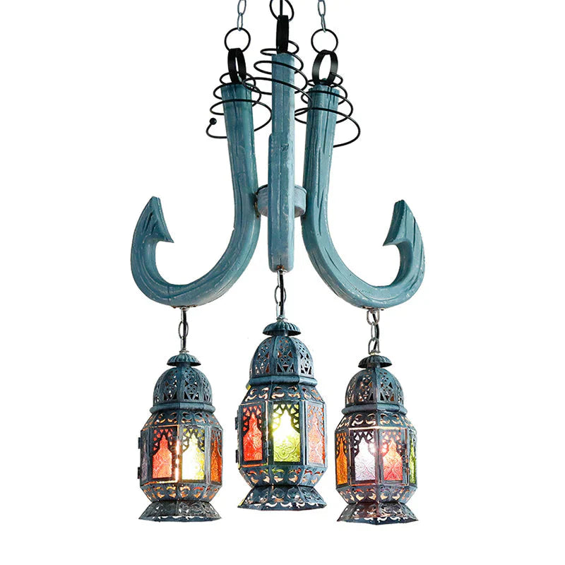 3 Lights Lantern Pendant Chandelier Mediterranean Blue Metal Hanging Lamp With Wooden Hook Rod