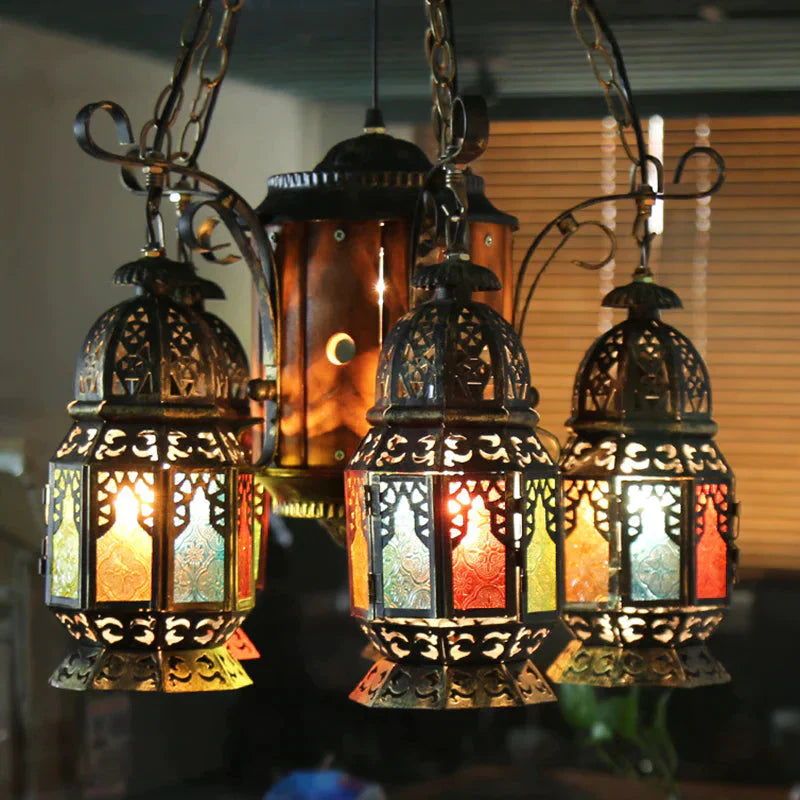 6 Heads Metal Hanging Lighting Arab Style Bronze Lantern Restaurant Ceiling Chandelier