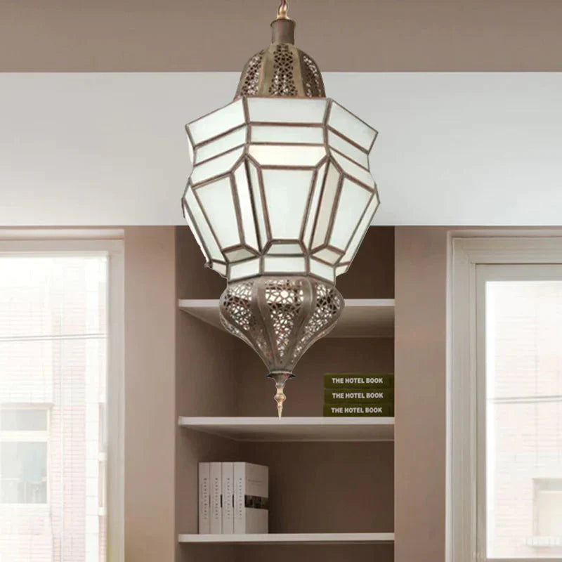 Lantern Corridor Chandelier Mediterranean Style White Frosted Glass 3 - Bulb Brass Hanging Light Kit
