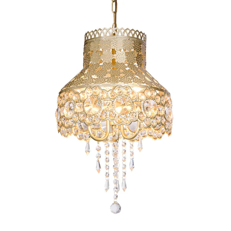 3 Lights Ceiling Chandelier Vintage Urn Shape Metal Pendant Lamp In Brass With Crystal Decoration