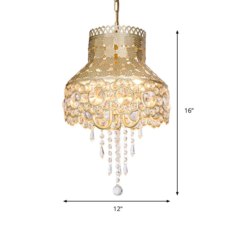 3 Lights Ceiling Chandelier Vintage Urn Shape Metal Pendant Lamp In Brass With Crystal Decoration