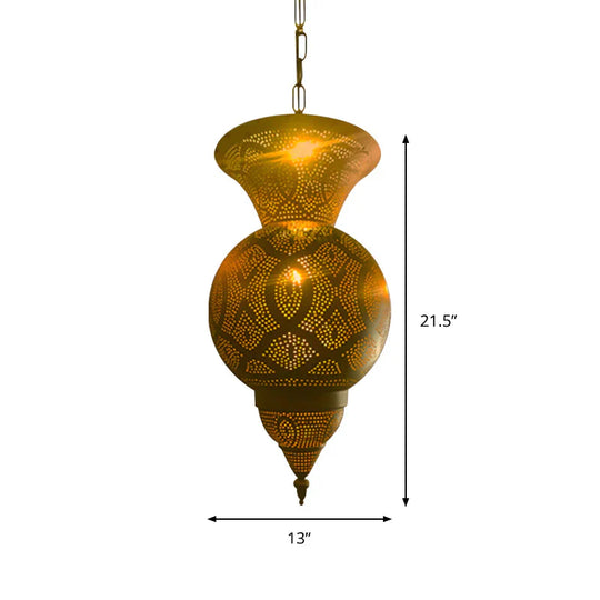 Metallic Vase/Gourd Pendant Lamp Vintage 3 - Head Coffee House Hanging Chandelier In Brass