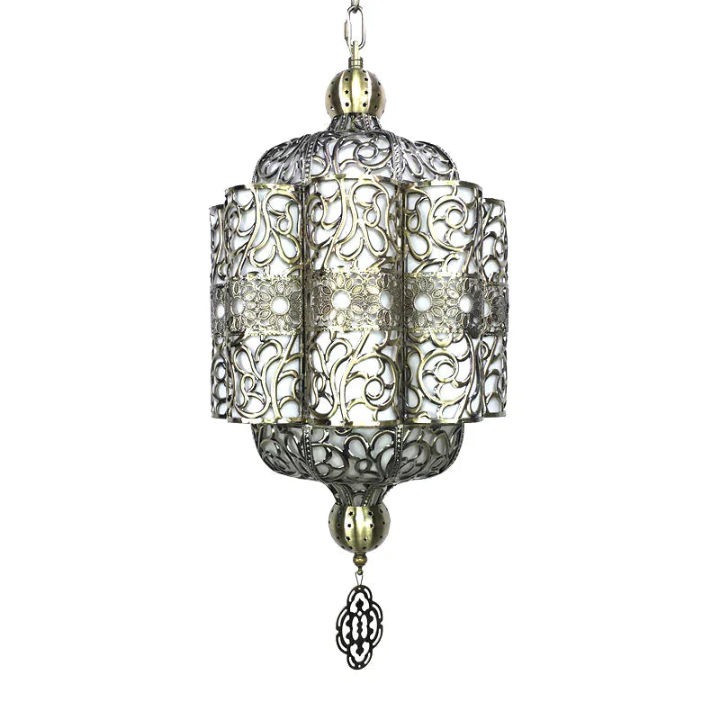 Antiqued Lantern Hanging Light Kit 4 Heads Metal Chandelier Lamp In Black With White Acrylic Shade