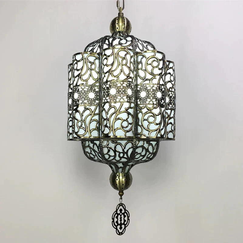 Antiqued Lantern Hanging Light Kit 4 Heads Metal Chandelier Lamp In Black With White Acrylic Shade