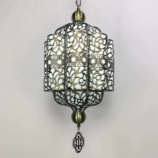 Antiqued Lantern Hanging Light Kit 4 Heads Metal Chandelier Lamp In Black With White Acrylic Shade