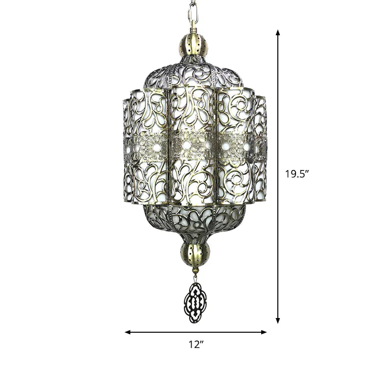 Antiqued Lantern Hanging Light Kit 4 Heads Metal Chandelier Lamp In Black With White Acrylic Shade