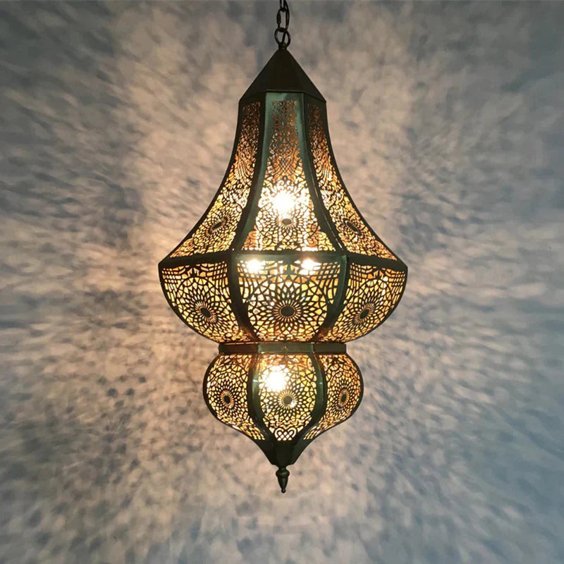 5 Lights Urn Pendant Chandelier Vintage Brass Metal Arab Hanging Lamp With Hollow Out Design