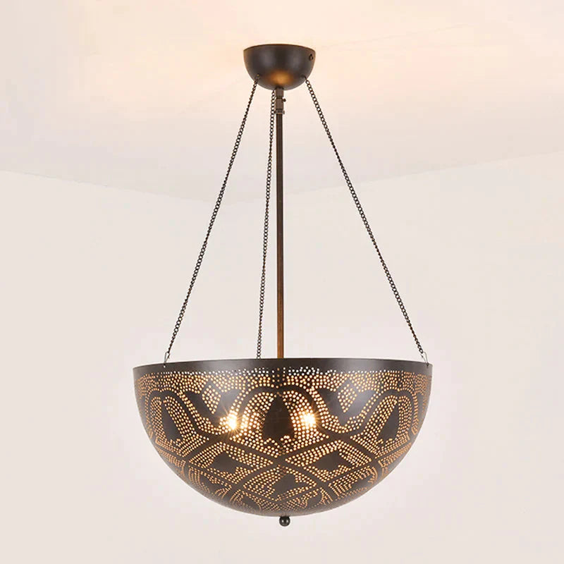 Bowl Restaurant Chandelier Vintage Metal 3 - Light Black Hanging Ceiling Lamp With Hollow - Out