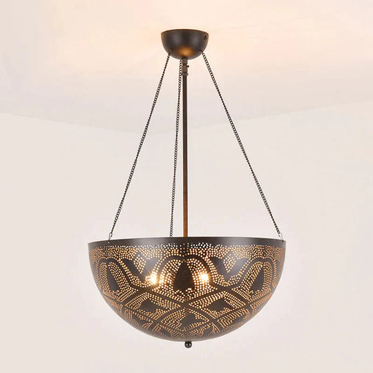 Bowl Restaurant Chandelier Vintage Metal 3 - Light Black Hanging Ceiling Lamp With Hollow - Out