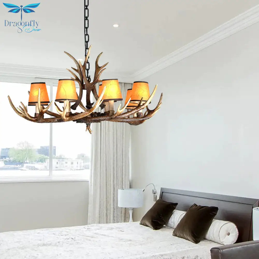 4/6/8 Lights Resin Chandelier Lamp Loft Brown Cone Dining Room Down Lighting Pendant With Fabric