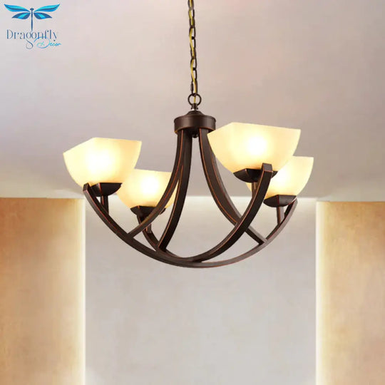 4/6 Heads Ceiling Chandelier Classic Trapezoidal Milk Glass Hanging Pendant With Arc Arm In Bronze