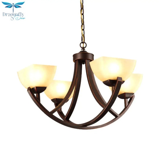 4/6 Heads Ceiling Chandelier Classic Trapezoidal Milk Glass Hanging Pendant With Arc Arm In Bronze
