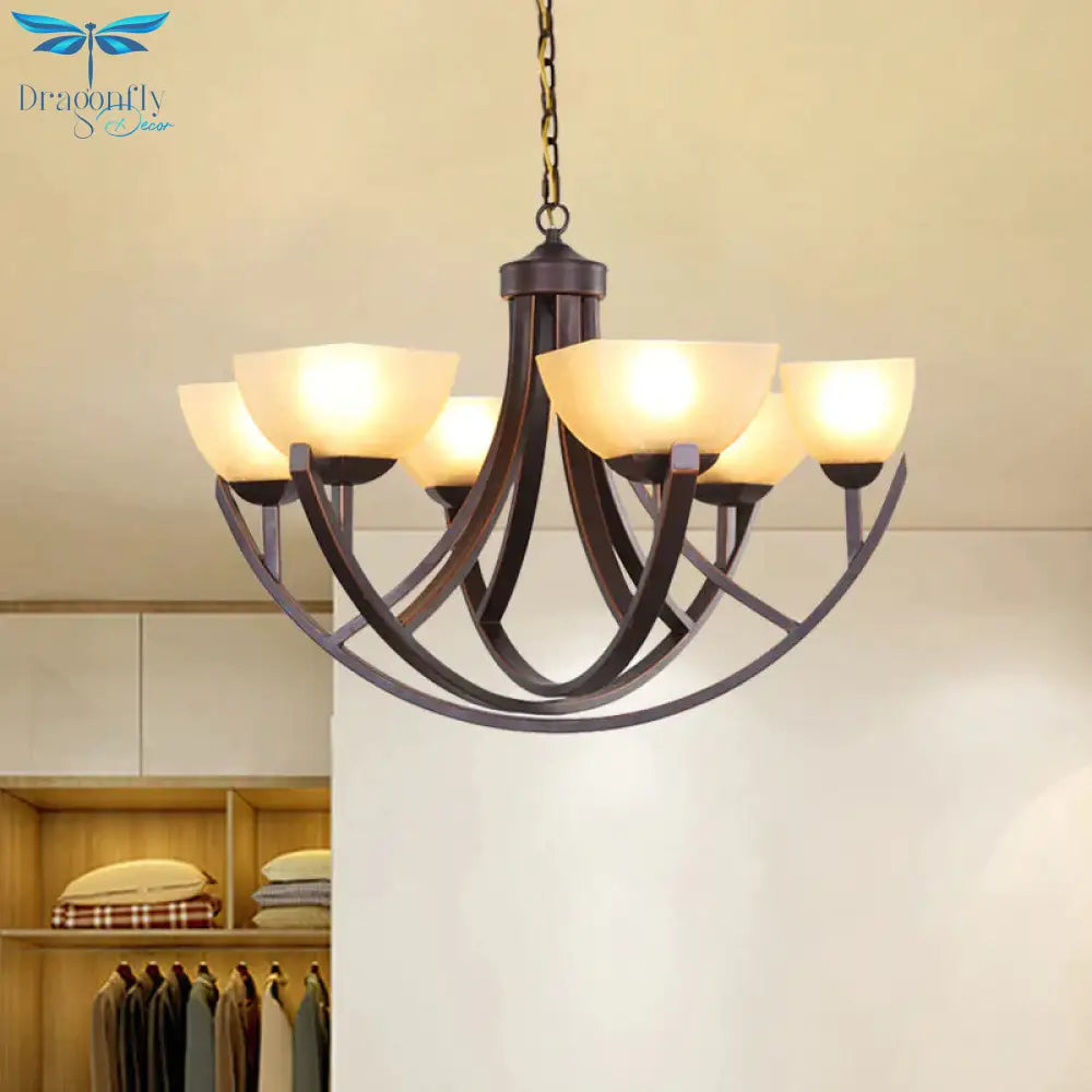 4/6 Heads Ceiling Chandelier Classic Trapezoidal Milk Glass Hanging Pendant With Arc Arm In Bronze