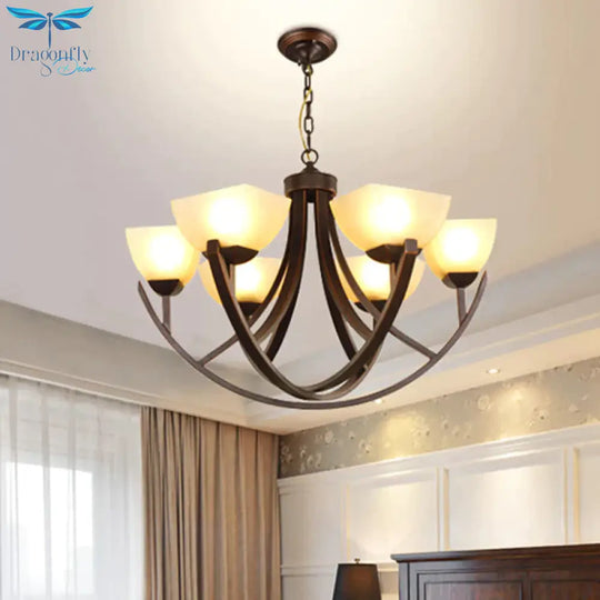 4/6 Heads Ceiling Chandelier Classic Trapezoidal Milk Glass Hanging Pendant With Arc Arm In Bronze
