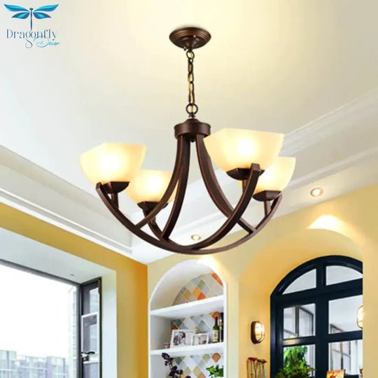 4/6 Heads Ceiling Chandelier Classic Trapezoidal Milk Glass Hanging Pendant With Arc Arm In Bronze