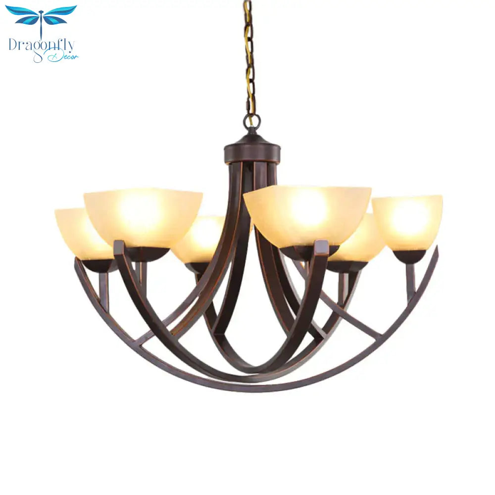 4/6 Heads Ceiling Chandelier Classic Trapezoidal Milk Glass Hanging Pendant With Arc Arm In Bronze