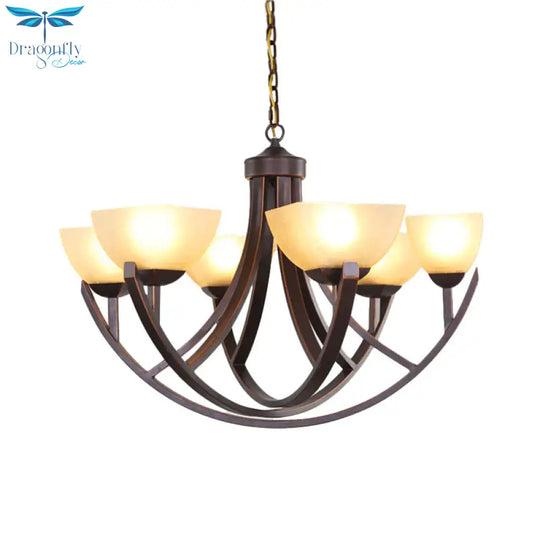 4/6 Heads Ceiling Chandelier Classic Trapezoidal Milk Glass Hanging Pendant With Arc Arm In Bronze