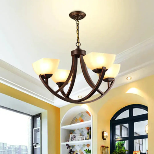 4/6 Heads Ceiling Chandelier Classic Trapezoidal Milk Glass Hanging Pendant With Arc Arm In Bronze
