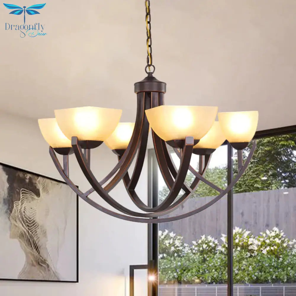 4/6 Heads Ceiling Chandelier Classic Trapezoidal Milk Glass Hanging Pendant With Arc Arm In Bronze