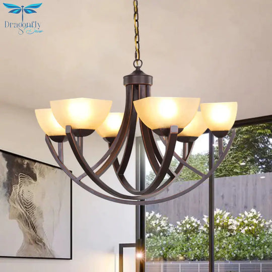 4/6 Heads Ceiling Chandelier Classic Trapezoidal Milk Glass Hanging Pendant With Arc Arm In Bronze