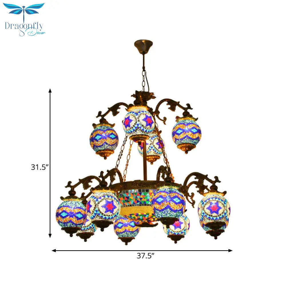 4/9/13 Bulbs Chandelier Lighting Traditional Radial Stained Glass Ceiling Hang Fixture In Brass