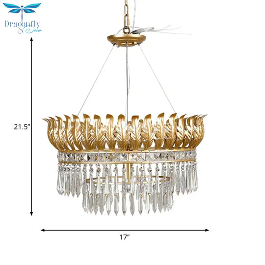 4 - Bulb Chandelier Light Fixture Rural 2 - Layered K9 Crystal Hanging Pendant In Gold With Leaf