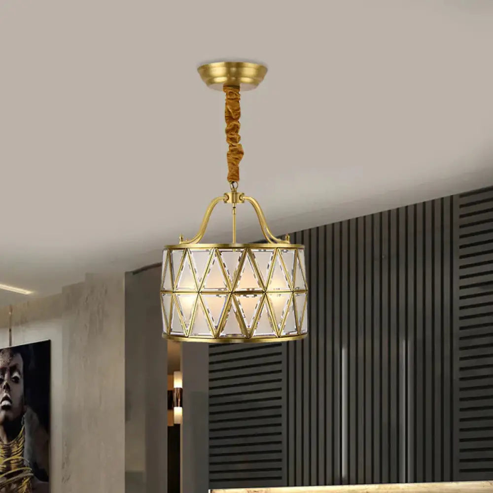 4 - Bulb Drum Ceiling Chandelier Vintage Brass Finish Metallic Suspension Light For Dining Room