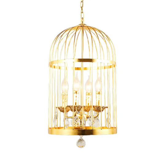 4 Bulbs Bird Cage Ceiling Chandelier Traditional Metal Suspended Lighting Fixture In Gold With