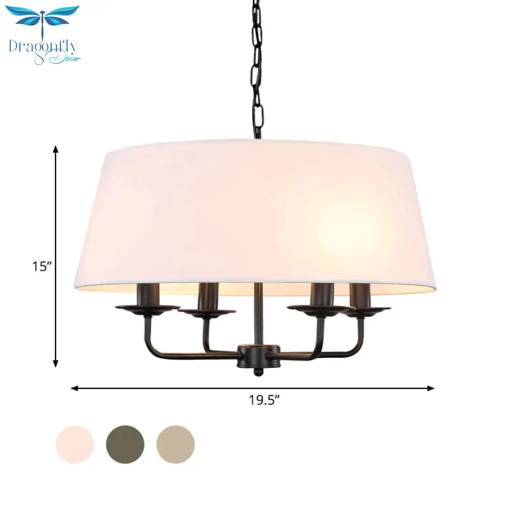 4 Bulbs Candle Chandelier Light Classic White/Green/Beige Fabric Hanging Ceiling Fixture With Drum