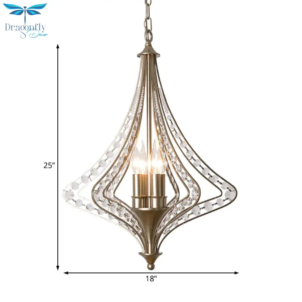 4 Bulbs Tapered Ceiling Chandelier Rustic Crystal Suspended Lighting Fixture In Brass