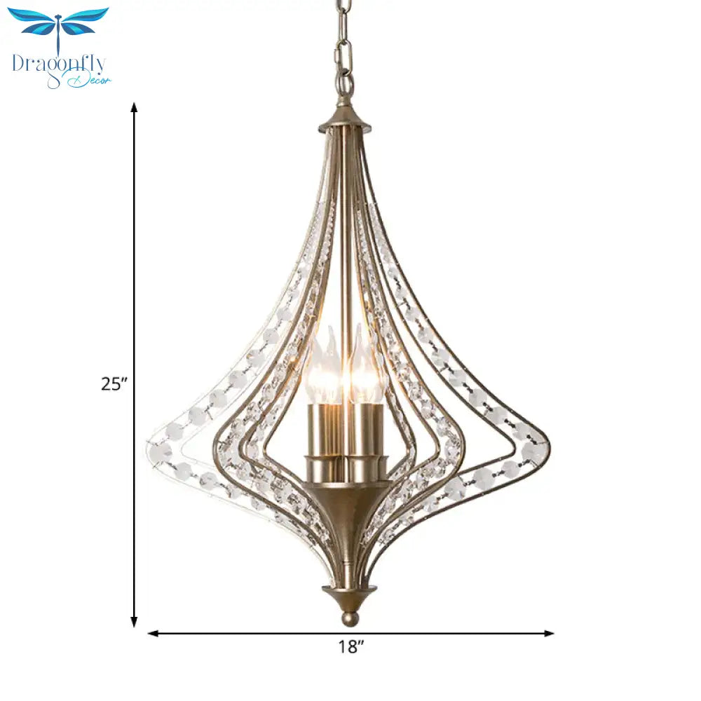 4 Bulbs Tapered Ceiling Chandelier Rustic Crystal Suspended Lighting Fixture In Brass