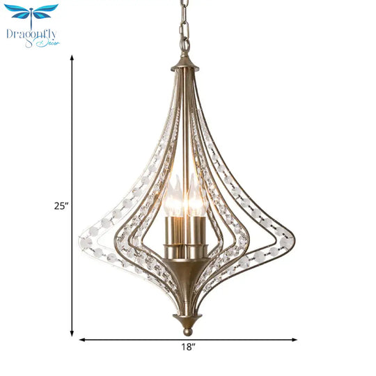 4 Bulbs Tapered Ceiling Chandelier Rustic Crystal Suspended Lighting Fixture In Brass