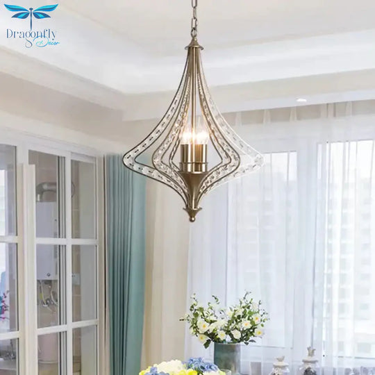 4 Bulbs Tapered Ceiling Chandelier Rustic Crystal Suspended Lighting Fixture In Brass