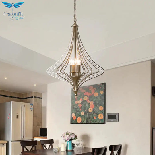 4 Bulbs Tapered Ceiling Chandelier Rustic Crystal Suspended Lighting Fixture In Brass