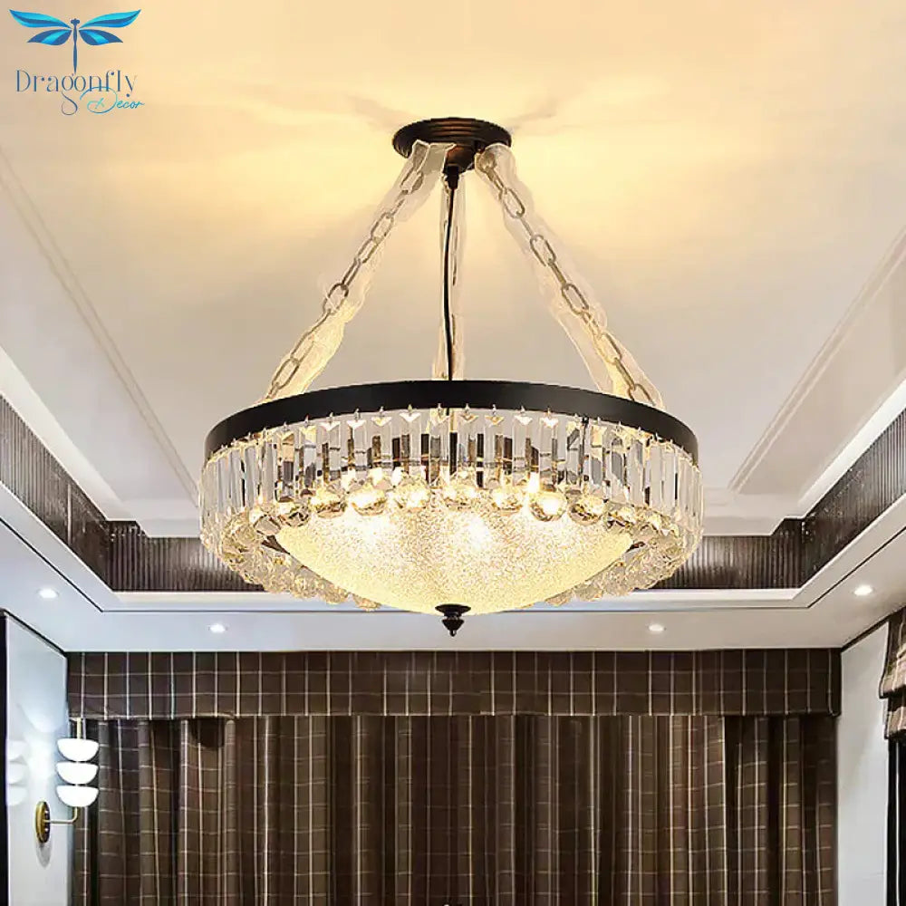 4 - Head Crystal Hanging Light Traditional Black Bowl Dining Room Chandelier With Frosted Glass