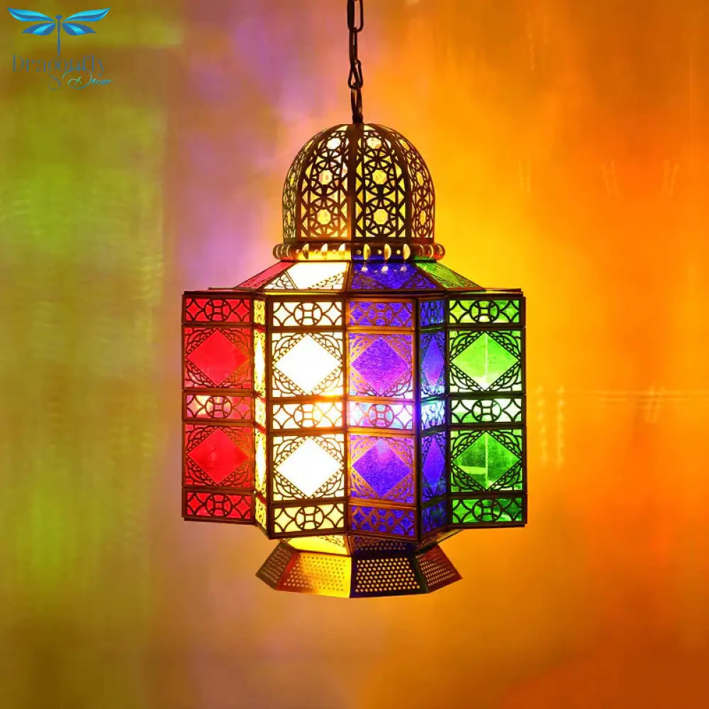 4 - Head Metal Pendant Lighting Arab Lantern Stained Glass Chandelier Light Fixture In Brass