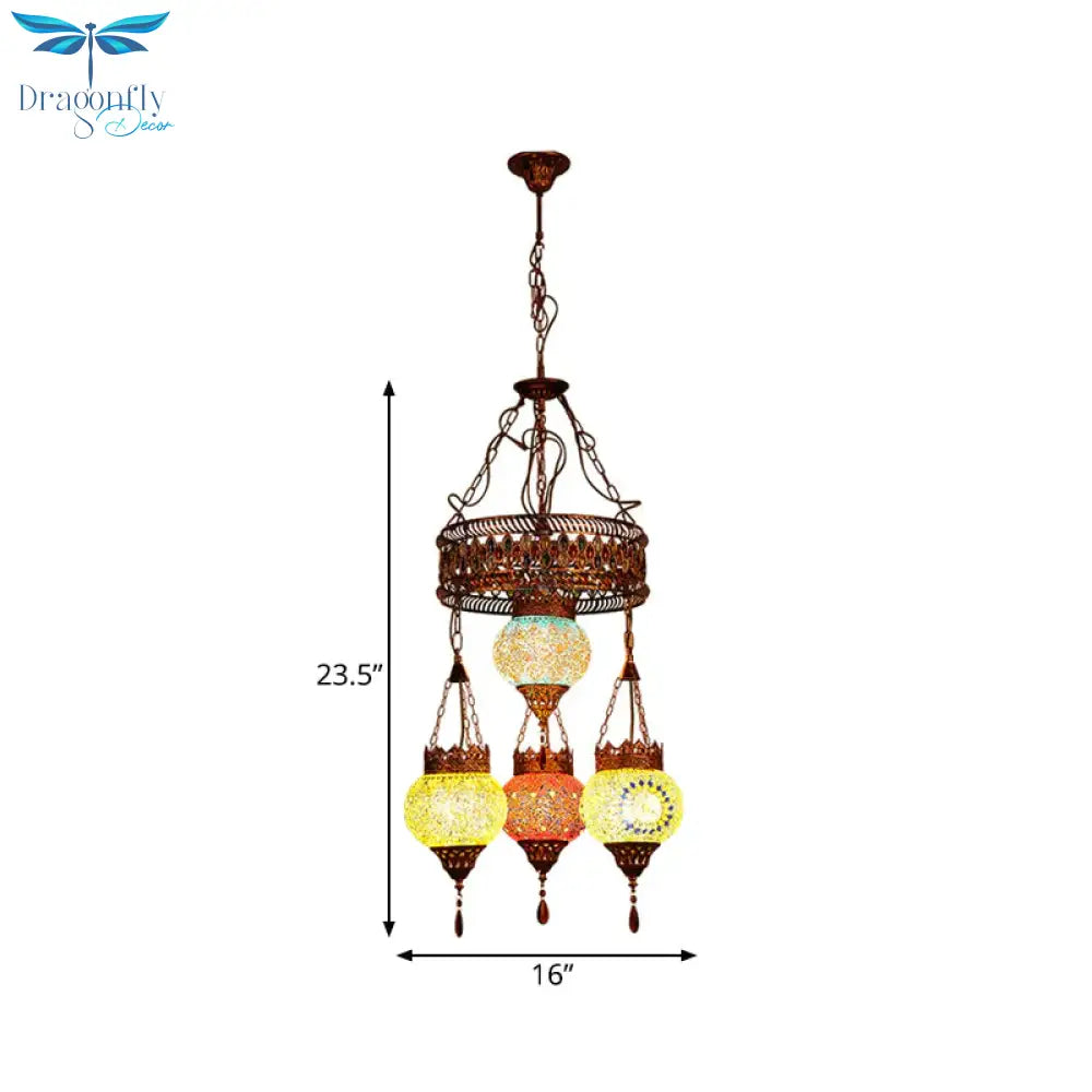 4 Heads Ceiling Chandelier Traditional Lantern Stained Glass Suspension Lighting Fixture In Copper