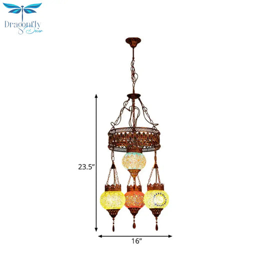 4 Heads Ceiling Chandelier Traditional Lantern Stained Glass Suspension Lighting Fixture In Copper