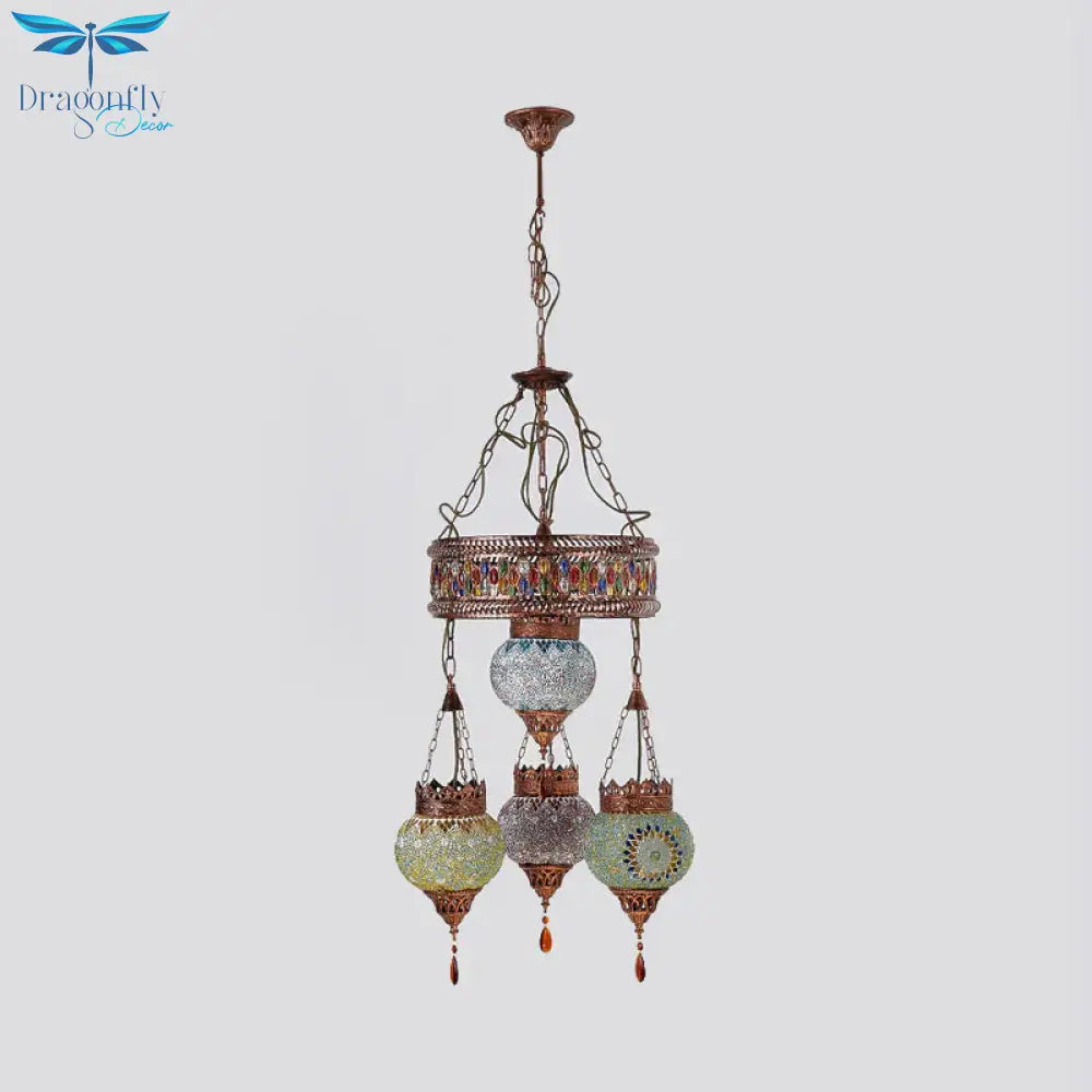 4 Heads Ceiling Chandelier Traditional Lantern Stained Glass Suspension Lighting Fixture In Copper