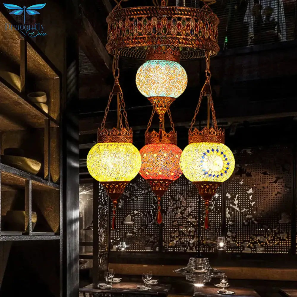 4 Heads Ceiling Chandelier Traditional Lantern Stained Glass Suspension Lighting Fixture In Copper