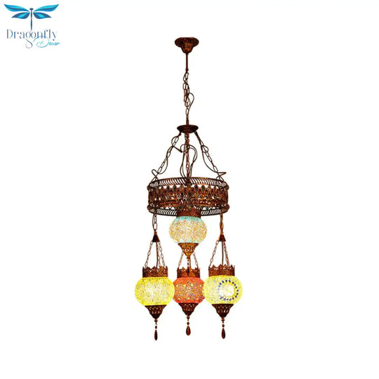 4 Heads Ceiling Chandelier Traditional Lantern Stained Glass Suspension Lighting Fixture In Copper