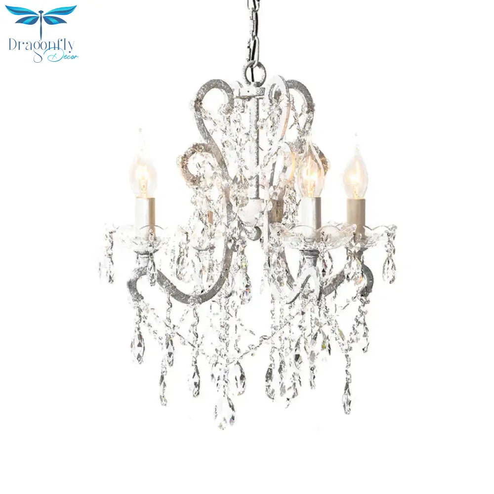 4 Heads Chandelier French Country Living Room Ceiling Suspension Lamp With Candelabrum Crystal