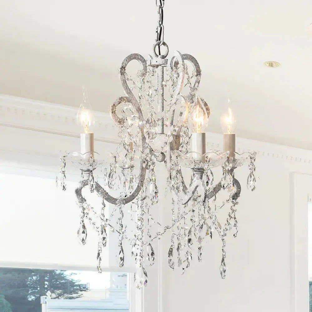 4 Heads Chandelier French Country Living Room Ceiling Suspension Lamp With Candelabrum Crystal