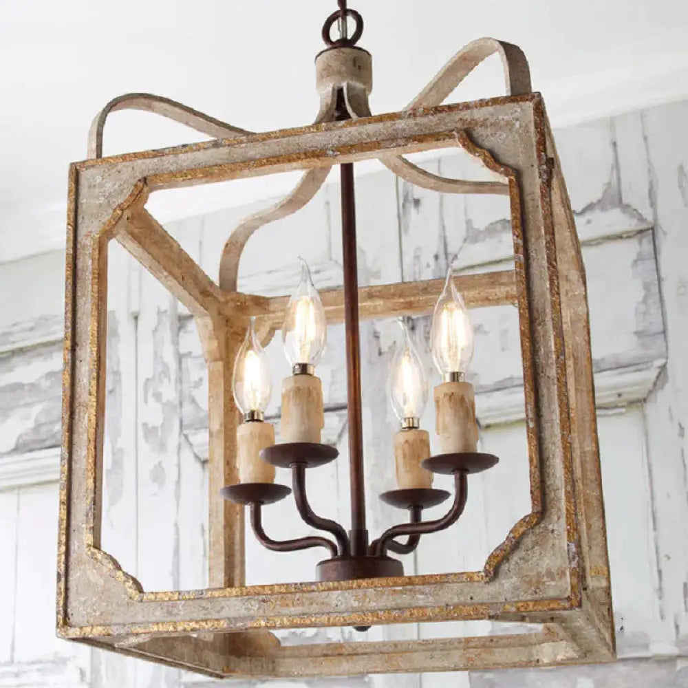 4 Heads Living Room Hanging Chandelier Retro Rust Ceiling Pendant Light With Cube Metal Cage
