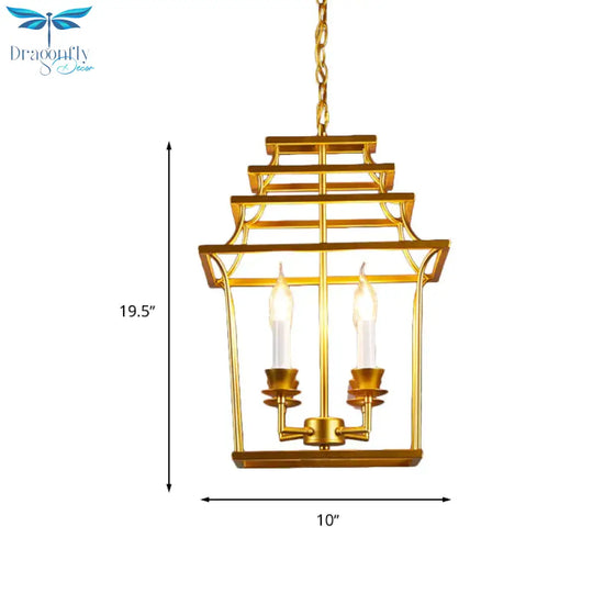 4 Heads Metal Chandelier Vintage Style Gold Cage Shade Living Room Pendant Light With Adjustable
