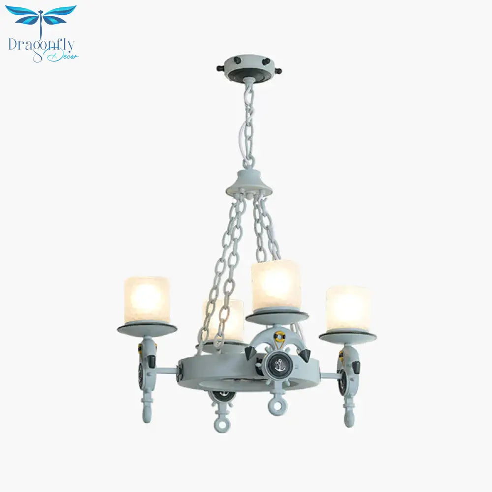 4 Heads Parlor Chandelier Light Children Blue/Brown Hanging Lamp Kit With Cylinder Frosted Glass