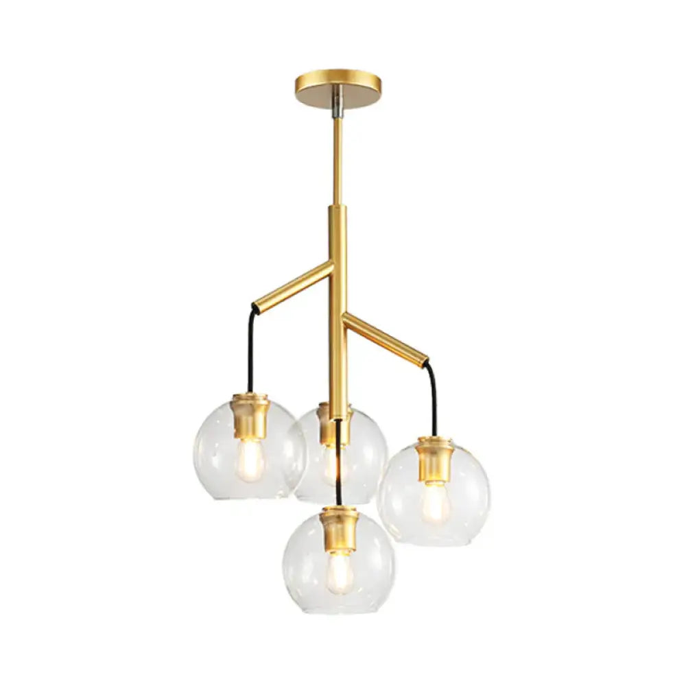 4 Heads Spherical Chandelier Colonial Hand Blown Clear Glass Ceiling Pendant In Gold