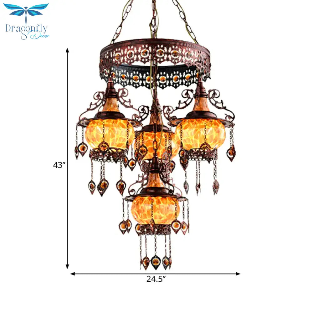 4 Heads Stained Glass Chandelier Bohemia Orange Lantern Living Room Pendant Lighting